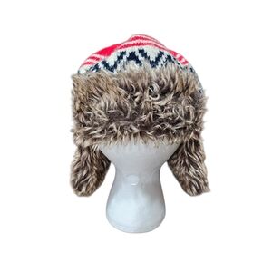 GAP KIDS Fair Isle Alpine Trapper Hat Ushanka Aviator Faux Fur Red Gray L XL